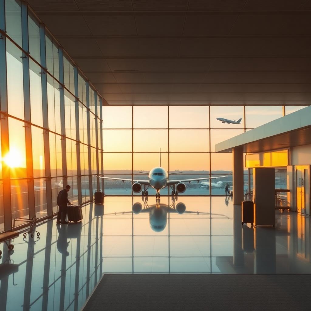 Modern airport terminal at sunset with an airplane taking off